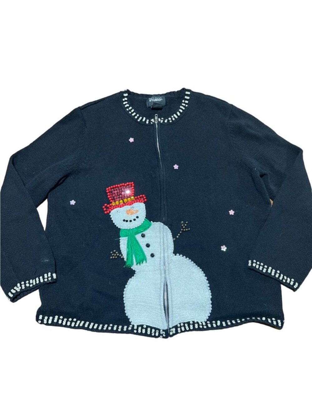 Design Originals Joy Sequin Beaded Snowman Full Zip Black Sweater Cardigan XL